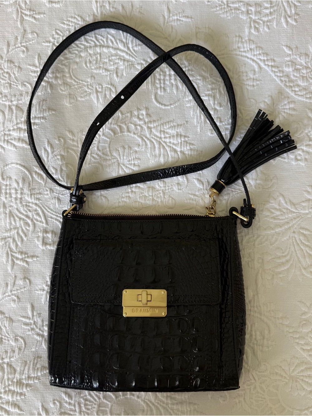 BRAHMIN Black Crossbody Bag with Crocodile Embossed Leather - Picture 3 of 9
